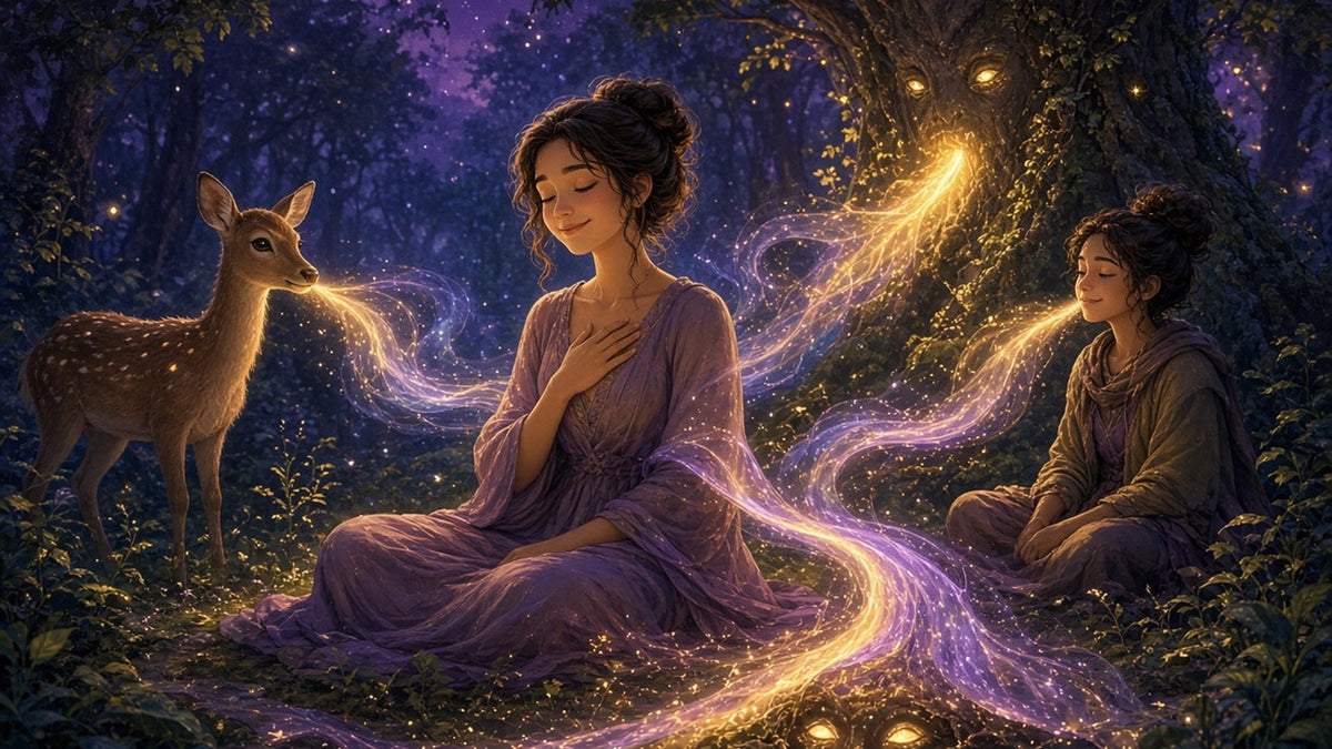A gentle young woman sitting in a sunlit forest with her eyes closed and one hand on her heart