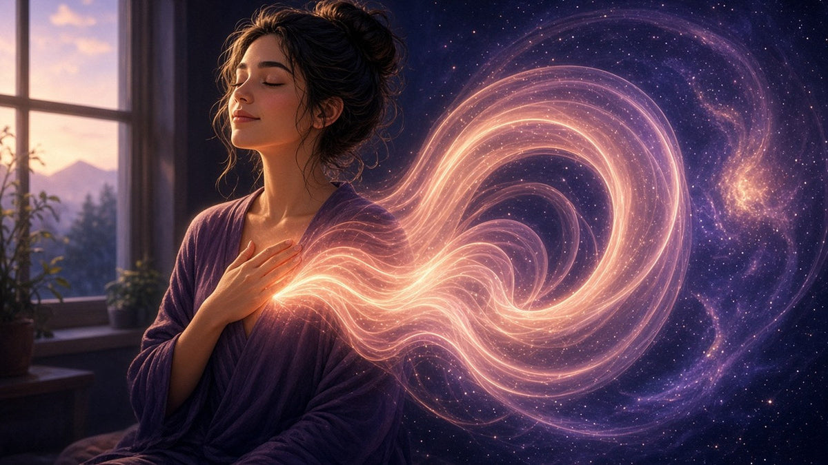 A calm woman sitting by a window in soft morning light with one hand on her heart and eyes closed