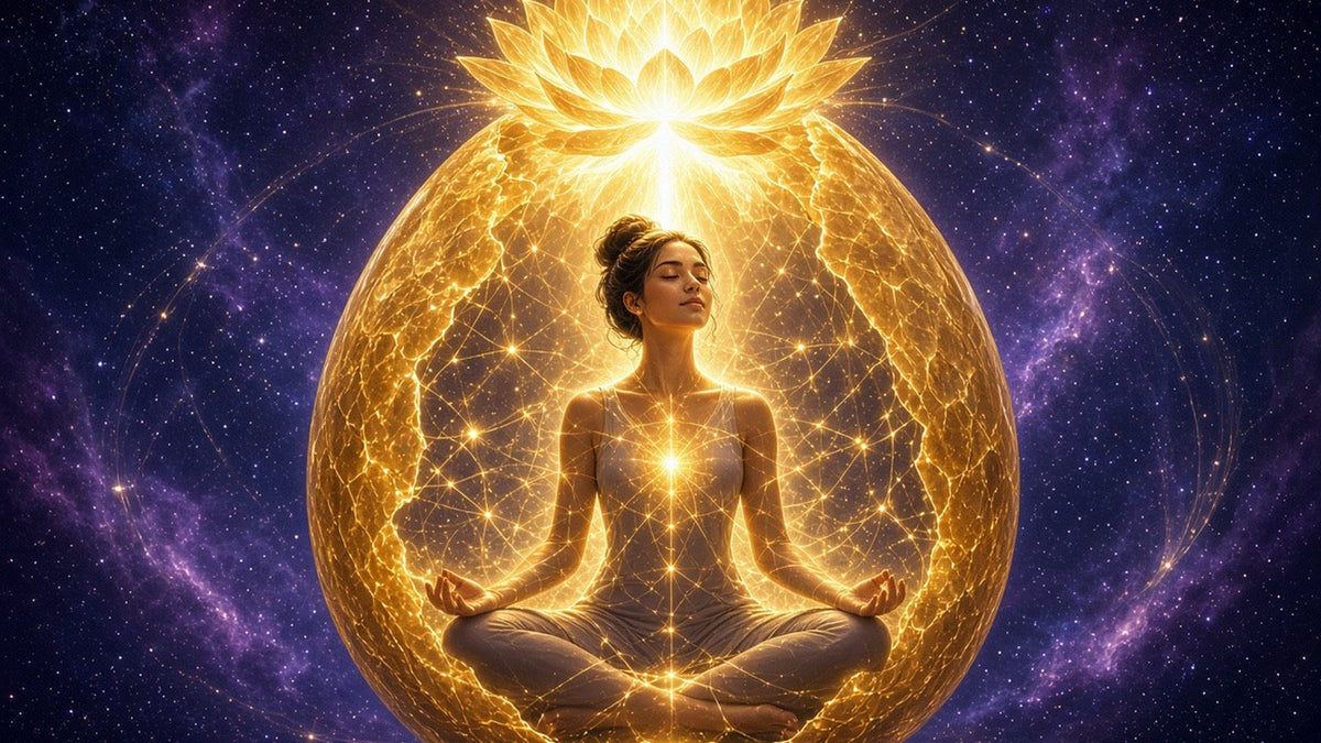 A luminous golden egg-shaped shell around a meditating figure, cracking open at the top