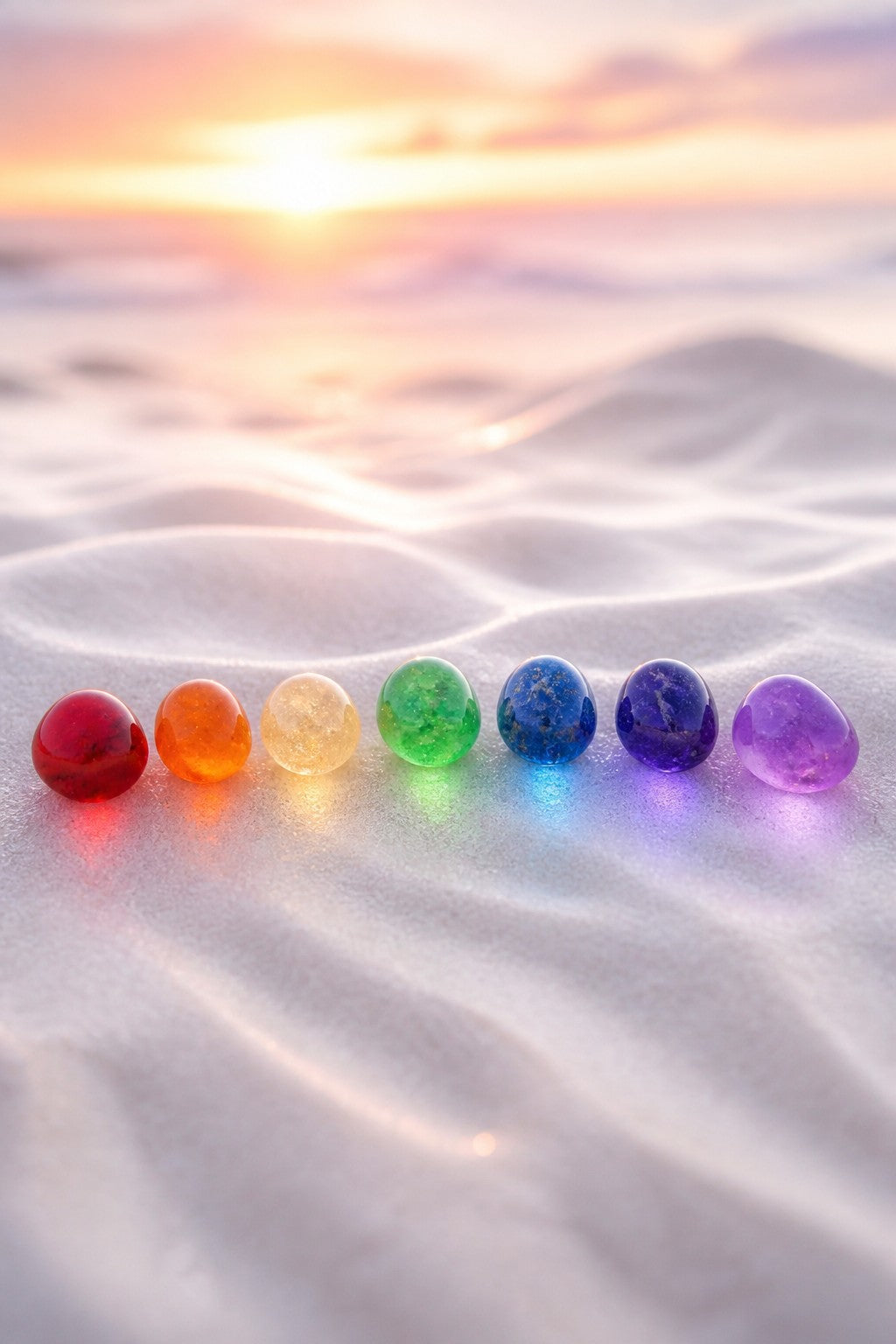 Seven gemstones laid in a gentle arc from red jasper to amethyst on white sand, each glowing its chakra color, soft sunrise light