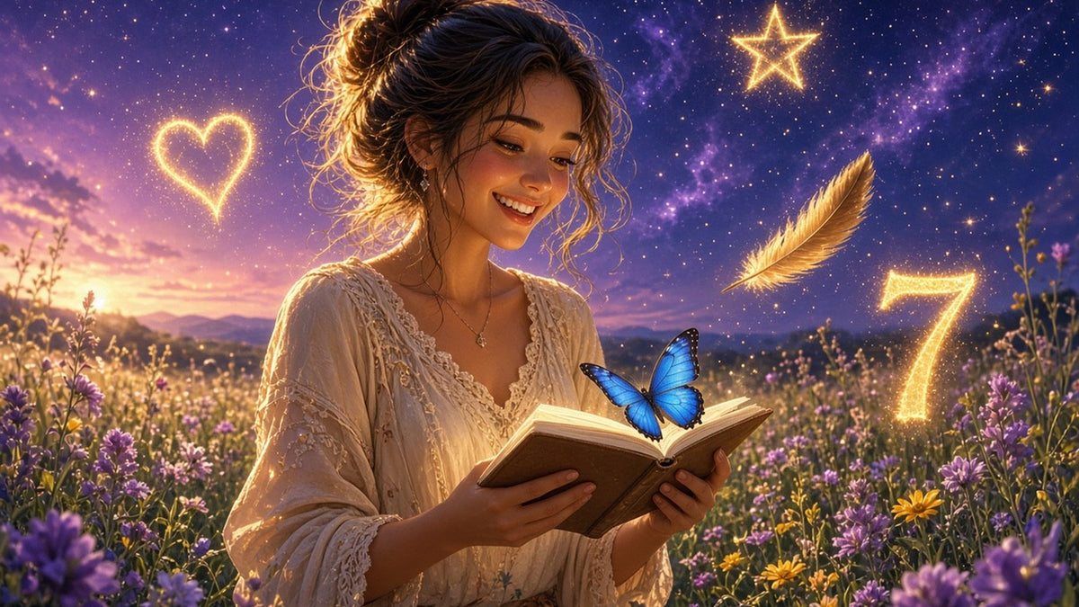 A joyful woman walking through a sunlit meadow holding a small open notebook, a bright blue butterfly landing on the page