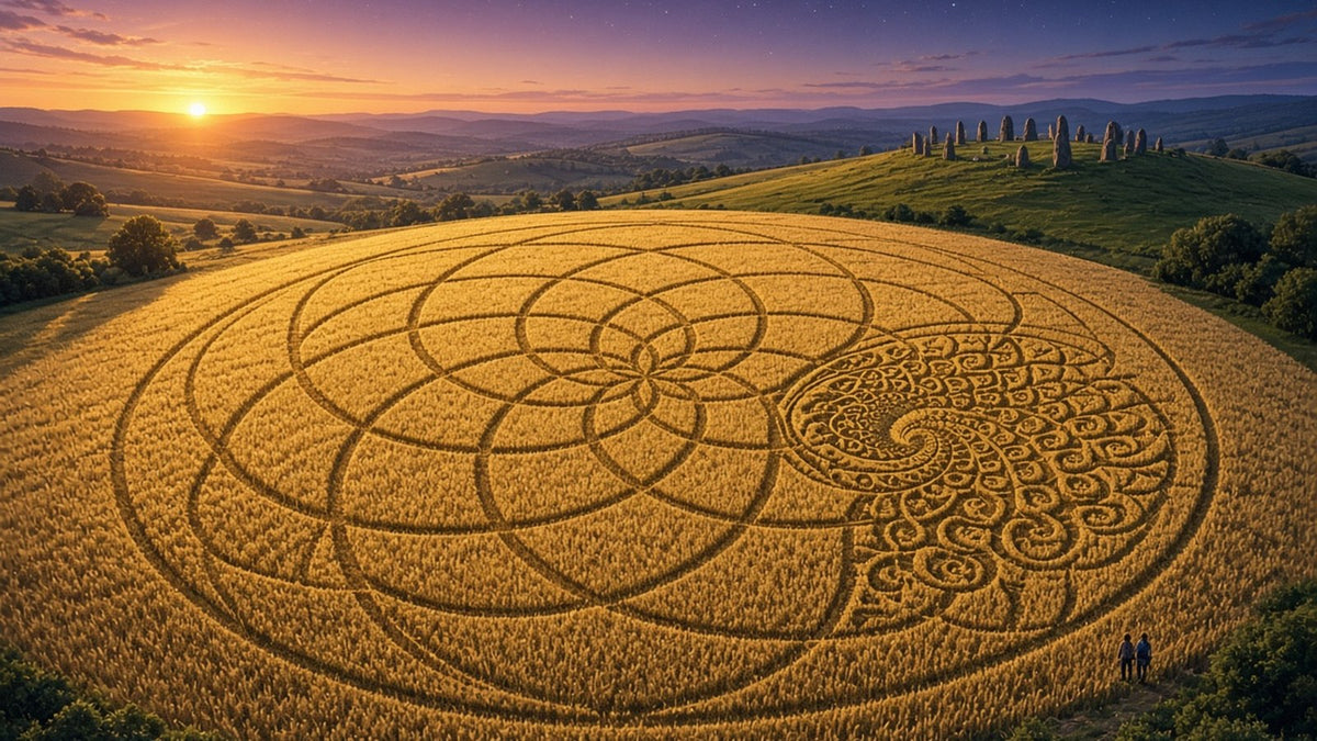 A breathtaking aerial view of an intricate crop circle in a golden English wheat field at sunset