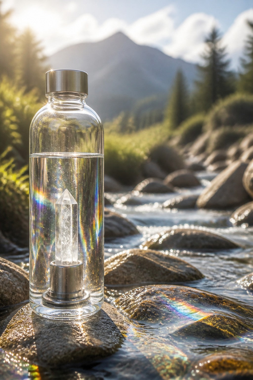 A clear glass water bottle with a quartz point inside its chamber, beside a mountain stream, sunlight refracting rainbow sparkles through the water