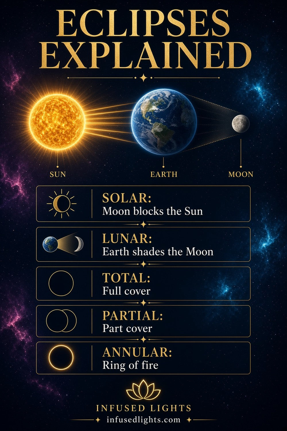 Eclipses Explained: Solar, Lunar, Total, Partial and Annular chart from Infused Lights