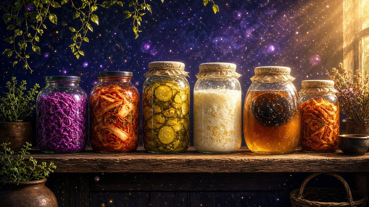 A sunlit rustic kitchen shelf lined with glass jars of homemade fermented foods, purple sauerkraut, red kimchi, golden pickles