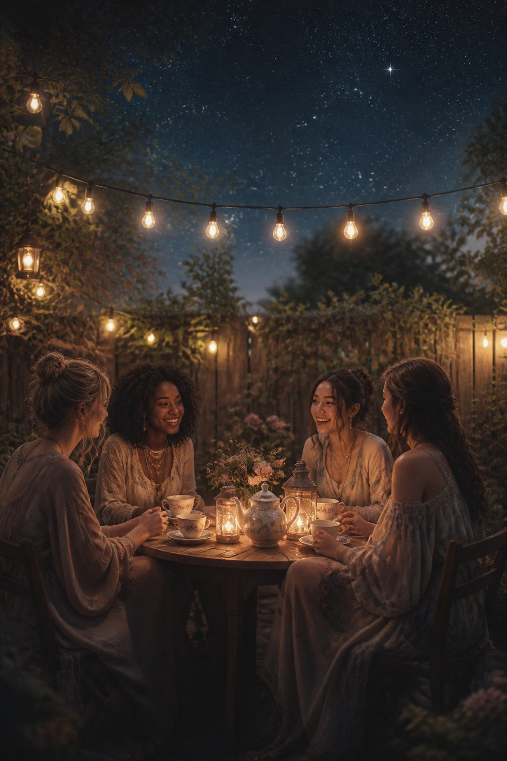 A small circle of friends sharing tea at a backyard table under string lights and a starry sky, warm belonging