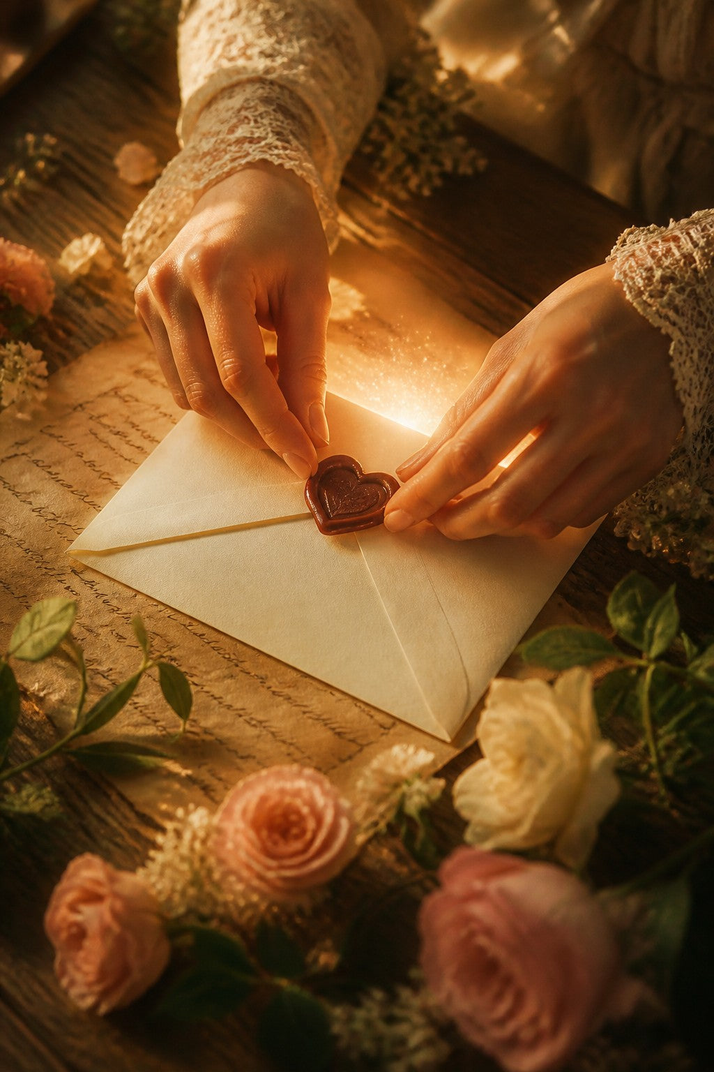Hands sealing a handwritten letter with a wax heart, golden light rising from the envelope, flowers on a wooden table