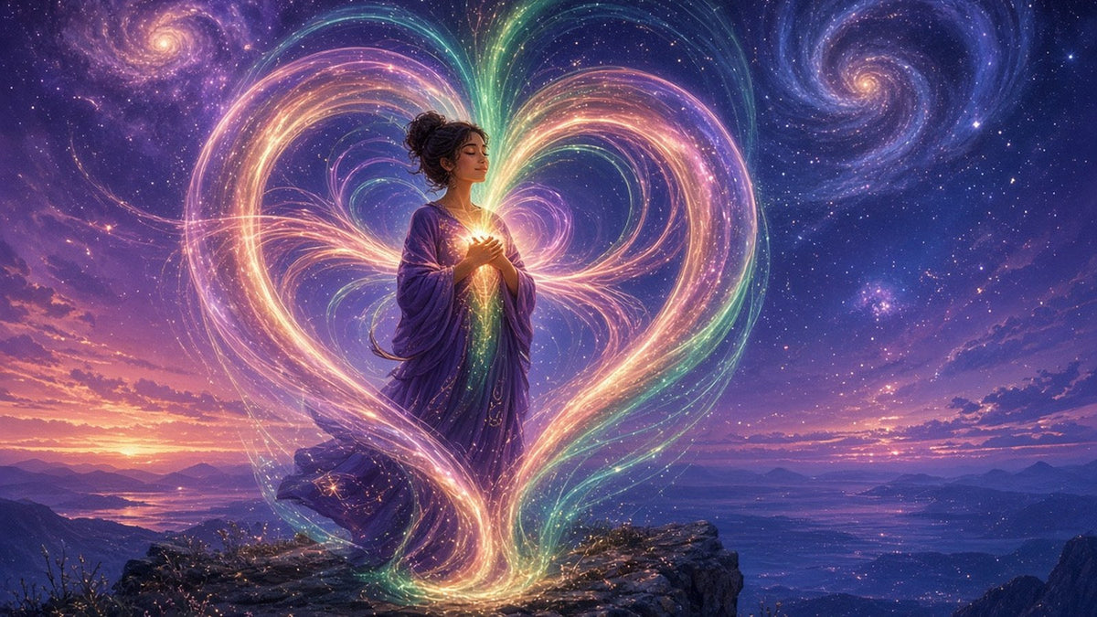 A serene person standing on a cliff at twilight, eyes closed, hands over heart