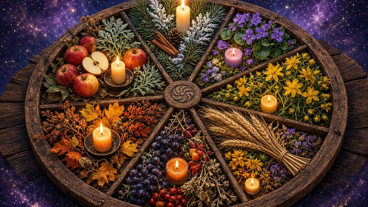 A rustic wooden table arranged as a circular wheel with eight seasonal sections of herbs, flowers, candles and fruits