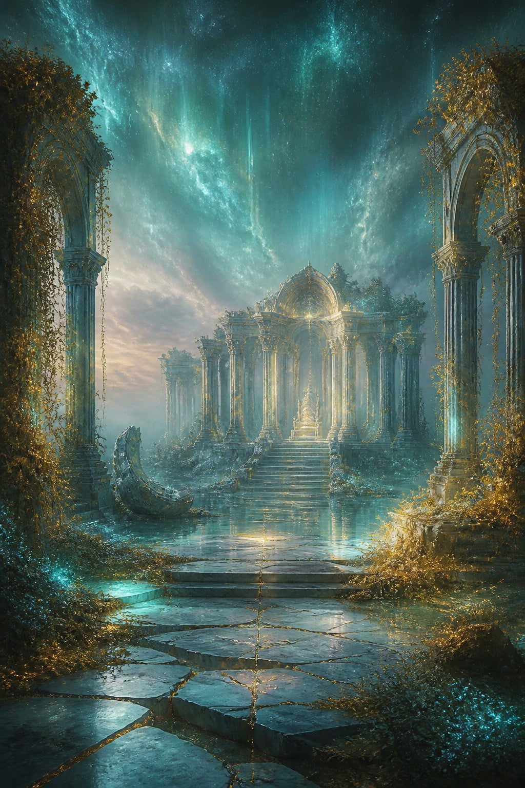 The Hollow Court, a once magnificent realm of broken marble, glowing moss and floating memory light, faded gold and soft teal over cracked pathways, a cracked throne hall in the distance under a quiet aurora sky, melanch