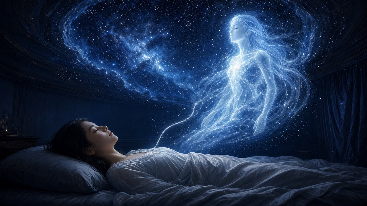 Young woman asleep in bed as her glowing translucent astral body rises above her on a fine silver cord into a sapphire star field