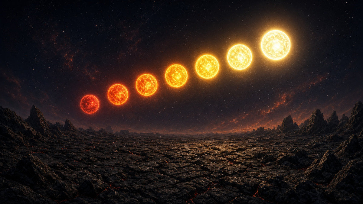 Seven glowing suns rising in an arc over a dark cracked basalt plateau, brightening from ember red through orange into white gold
