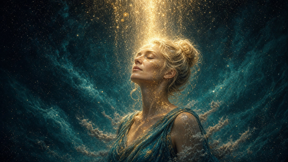 Woman with blonde hair in a loose bun standing with eyes closed as golden starlight pours down and washes the tension from her shoulders