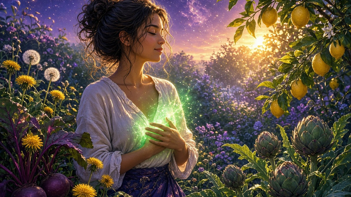A serene person in a sunlit garden with hands resting over the right side of their ribs