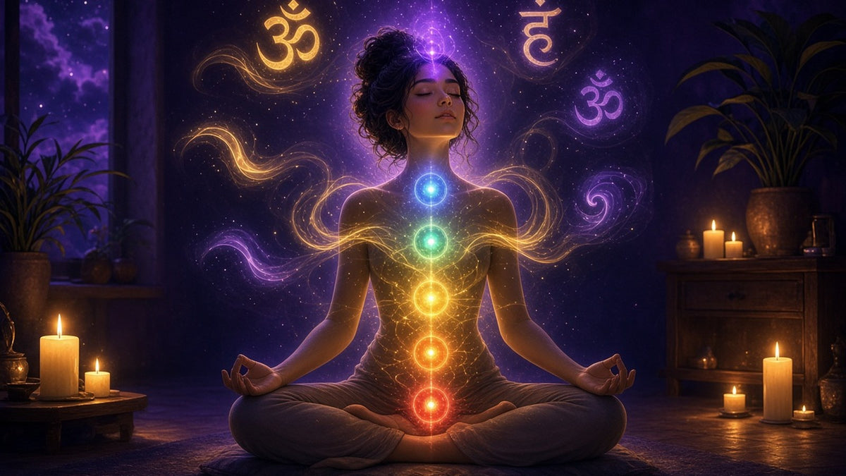 A serene person seated in lotus posture in a candlelit room, mouth softly open in chant