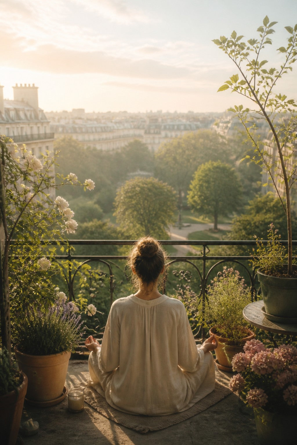 A person meditating on a balcony among potted plants and city rooftops, a park garden glowing below, soft morning