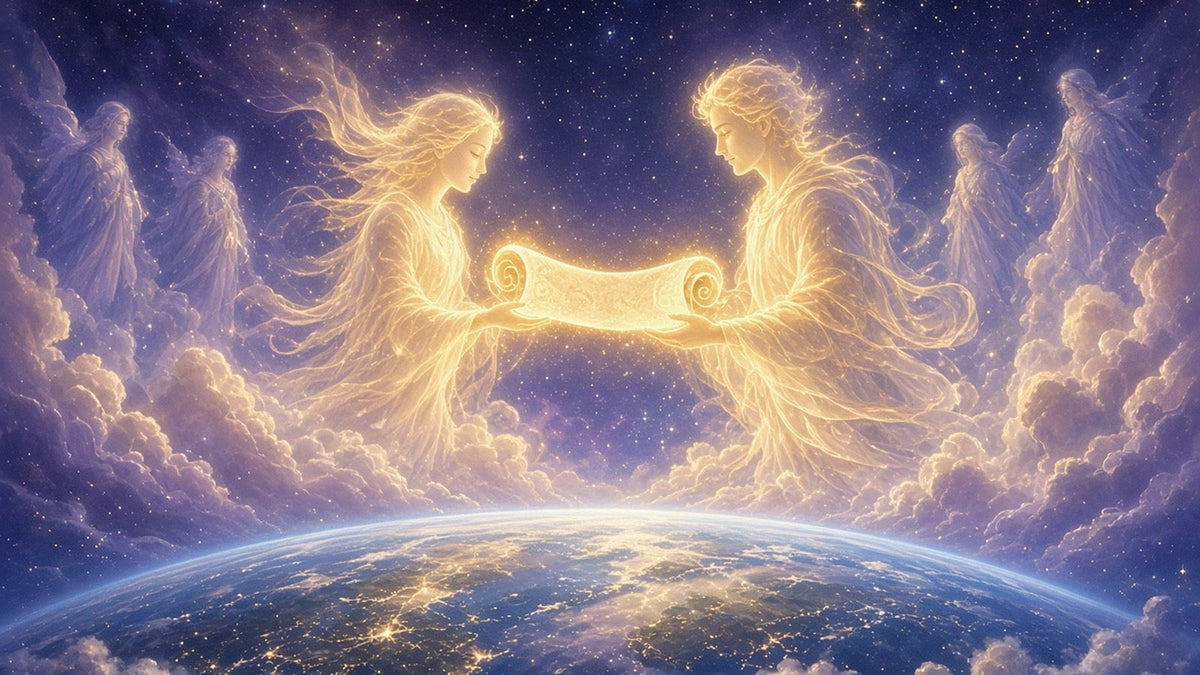 Two luminous souls of light in a soft heavenly space above a glowing Earth