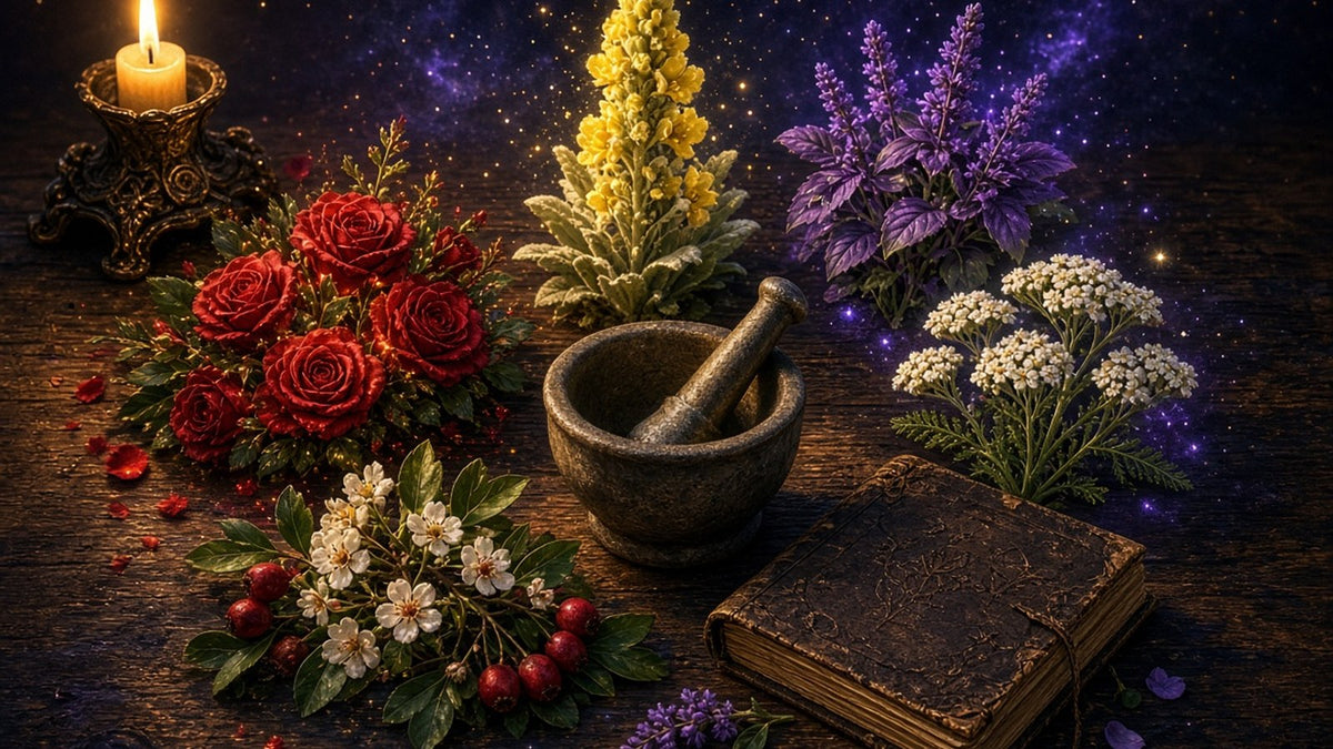Five sacred herbs arranged in a softly glowing circle on an antique dark wooden table by candlelight, deep red roses