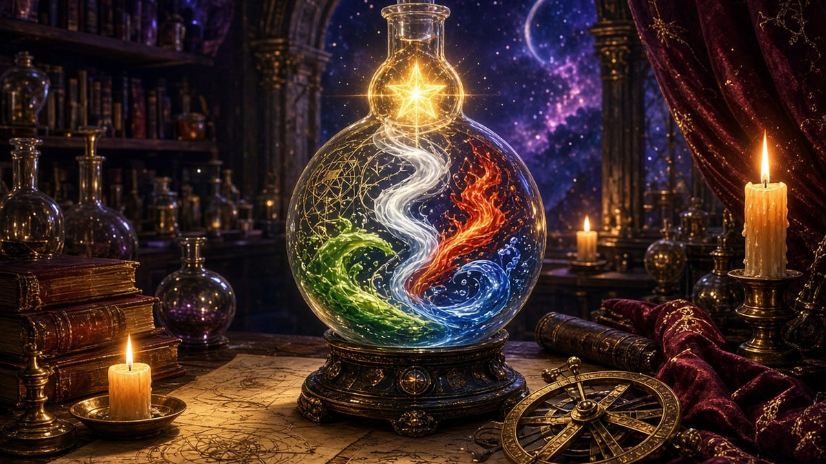 A candlelit alchemist's study with an elegant glass vessel glowing at the center