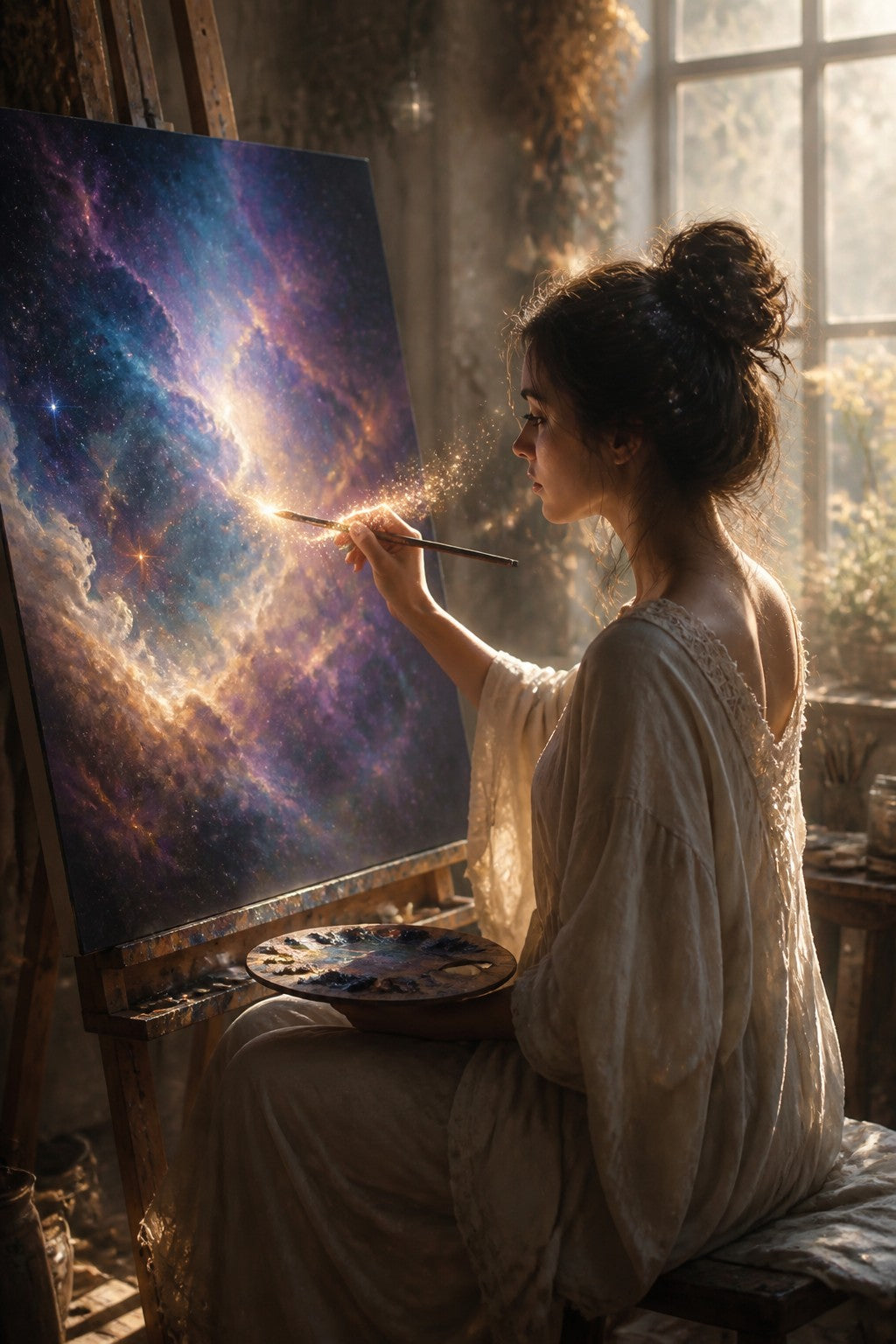An artist painting a cosmic nebula on a canvas in a sunlit studio, stardust drifting from the brush, wonder and remembrance