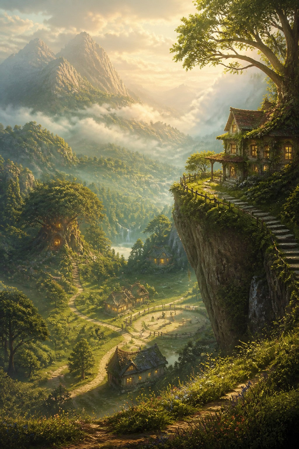 Terravale, a warm layered land of green valleys, misted peaks and gentle homes tucked among the hills, winding paths past cottages, training grounds and glowing forest edges, a cliffside home on the edge, grounded hopefu
