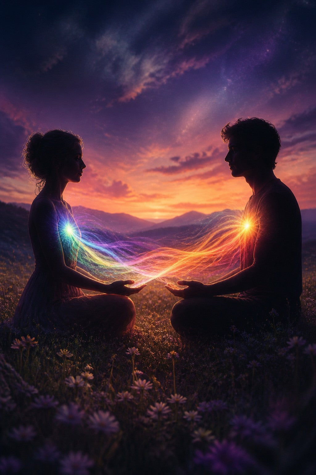 Two silhouettes facing each other, ribbons of chakra colored light flowing gently between their hearts and hands, twilight meadow