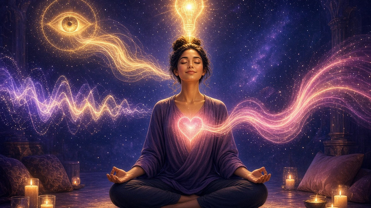 A calm woman meditating in a candlelit room