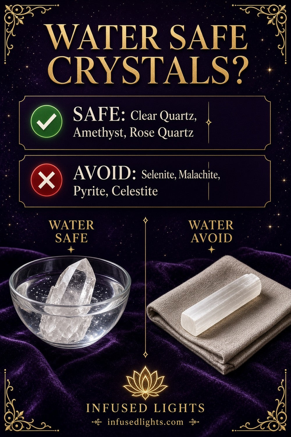 Water Safe Crystals: Which Stones to Keep Dry chart from Infused Lights