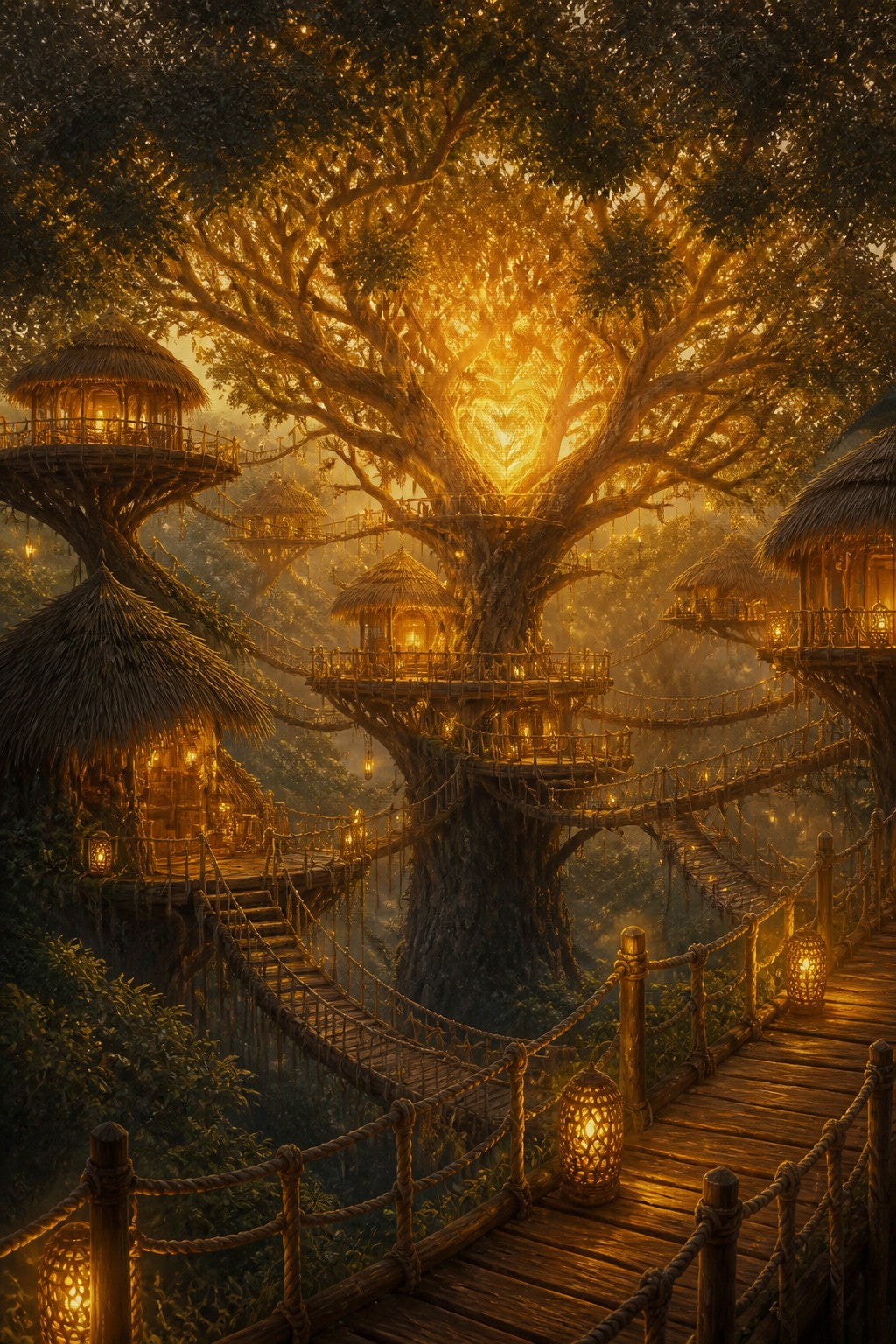 The Woodland Community, a village woven into the upper canopy, rope bridges and thatched platforms, a heart tree glowing gold at its center, amber lanterns warming the branches, organic safe and tightly knit, no people,