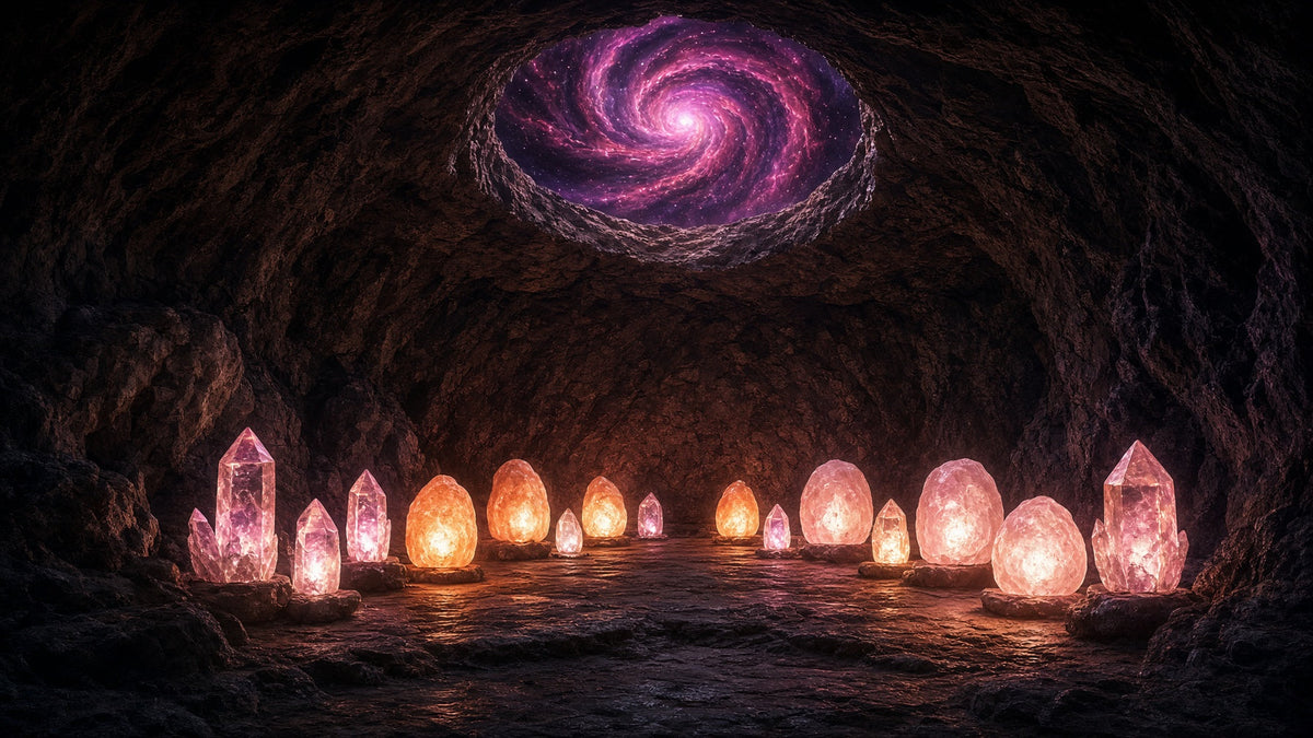 Glowing crystal lamps and pink salt lamps casting warm amber light through a sacred stone cave, with a swirling magenta galaxy shining through an opening above