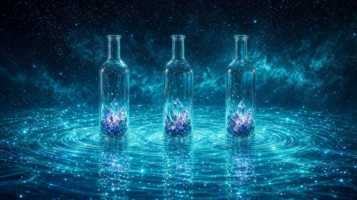 Three clear glass water bottles filled with amethyst crystals standing on glowing aqua water, sending ripples of starlight beneath a teal cosmos for crystal infused hydration