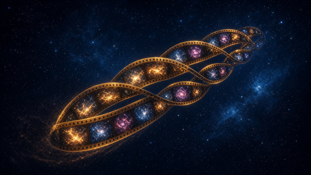 A golden film strip twisting through a blue starfield in the shape of a DNA double helix, each frame holding a glowing nebula like a story of the cosmos