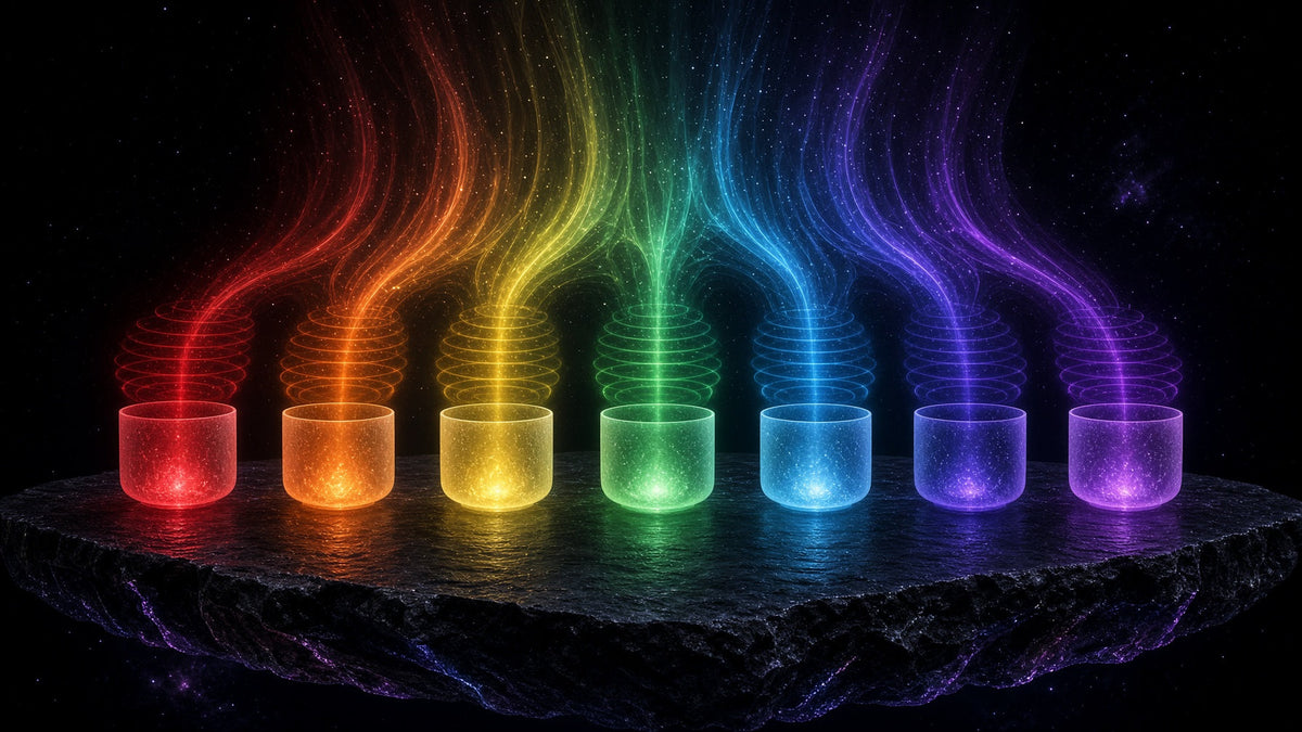Seven crystal singing bowls glowing in the chakra colors from red to violet on a floating stone altar, releasing rainbow sound waves of healing vibration into the dark cosmos