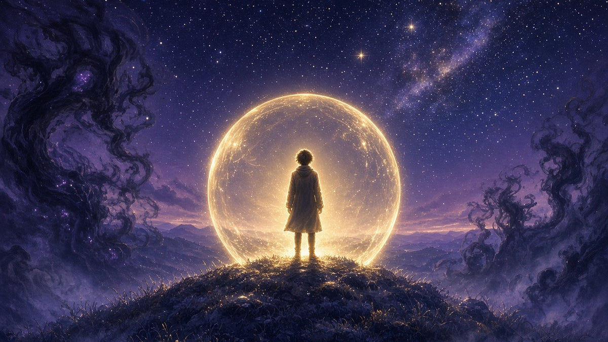 A calm, glowing figure standing on a hill at night, radiating warm white-gold light