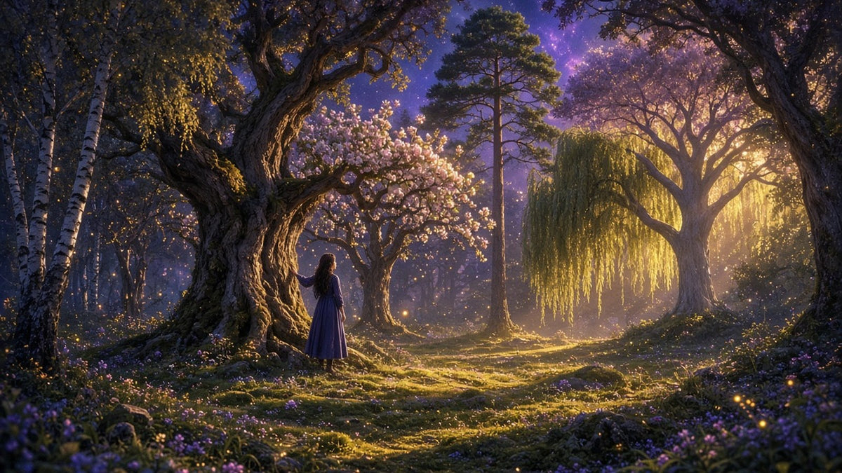 An ancient grove at golden hour with many different majestic trees (oak, birch, apple, willow, pine