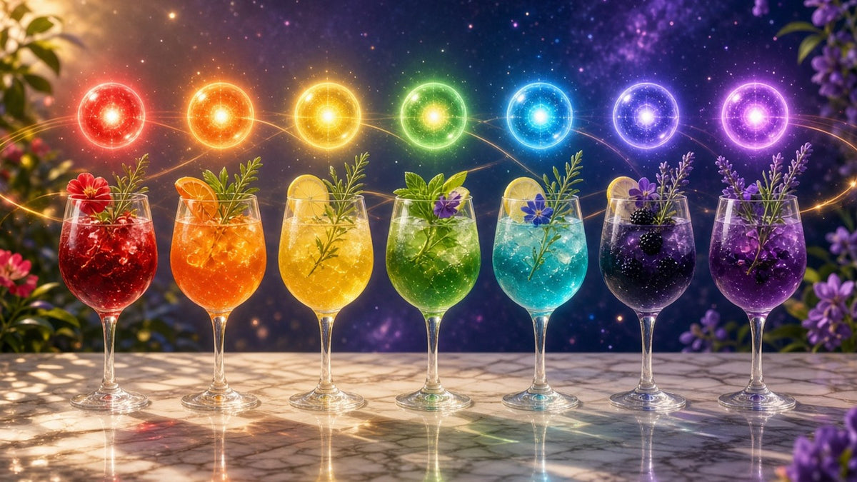 Seven elegant glasses of colorful drinks in a perfect rainbow row on a sunlit marble counter, from deep ruby red to violet