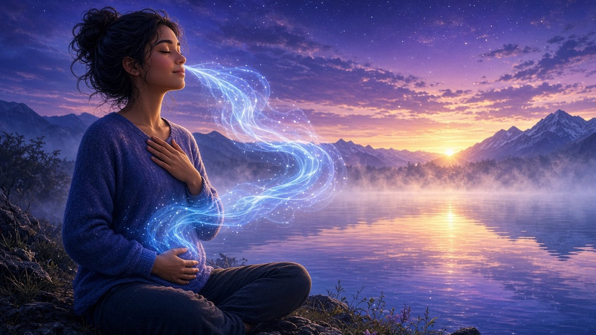 A peaceful person sitting by a calm lake at dawn, one hand on the chest and one on the belly, eyes closed
