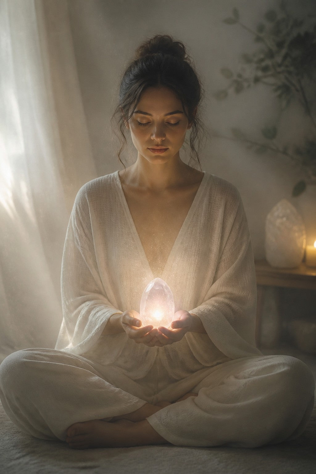 A beginner meditating with a smooth clear quartz stone in cupped hands, gentle light pulsing from the stone, quiet room