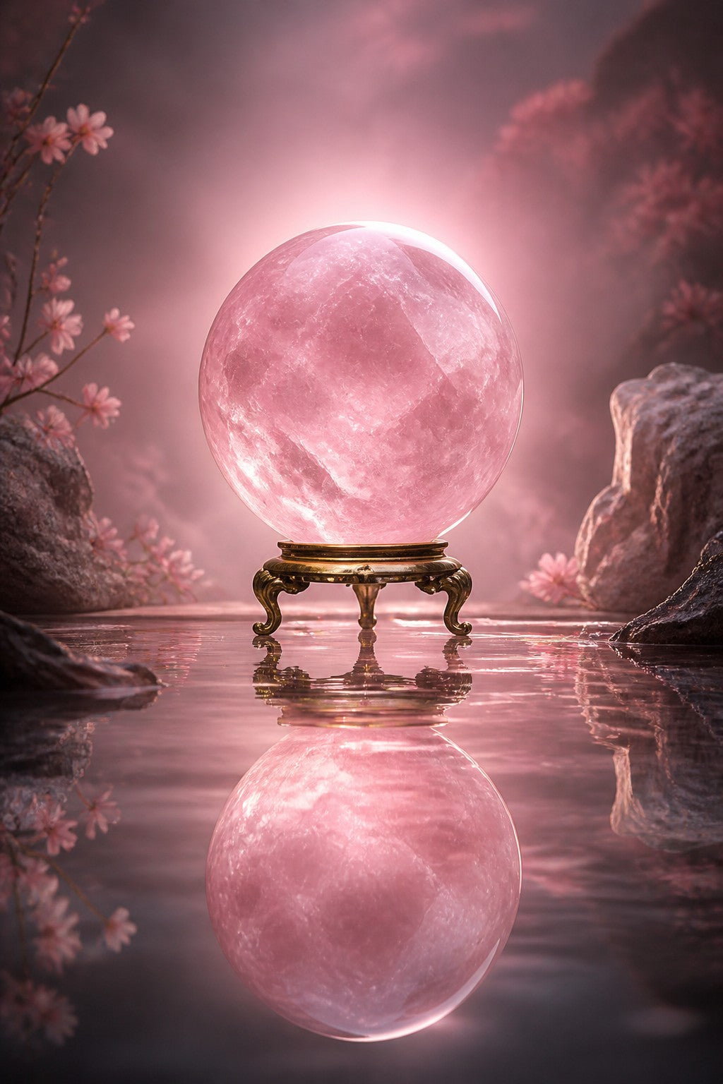 A polished rose quartz sphere resting on a small brass stand, a soft halo of pink light around it, still water reflection below, dreamy calm