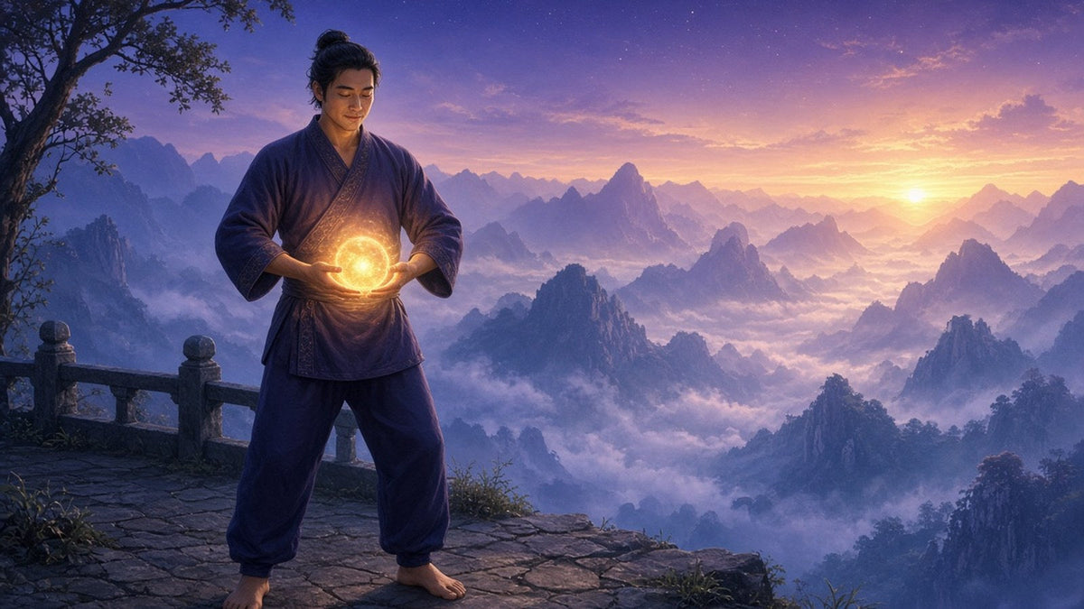 A calm person standing in a relaxed qigong stance on a misty mountain terrace at dawn