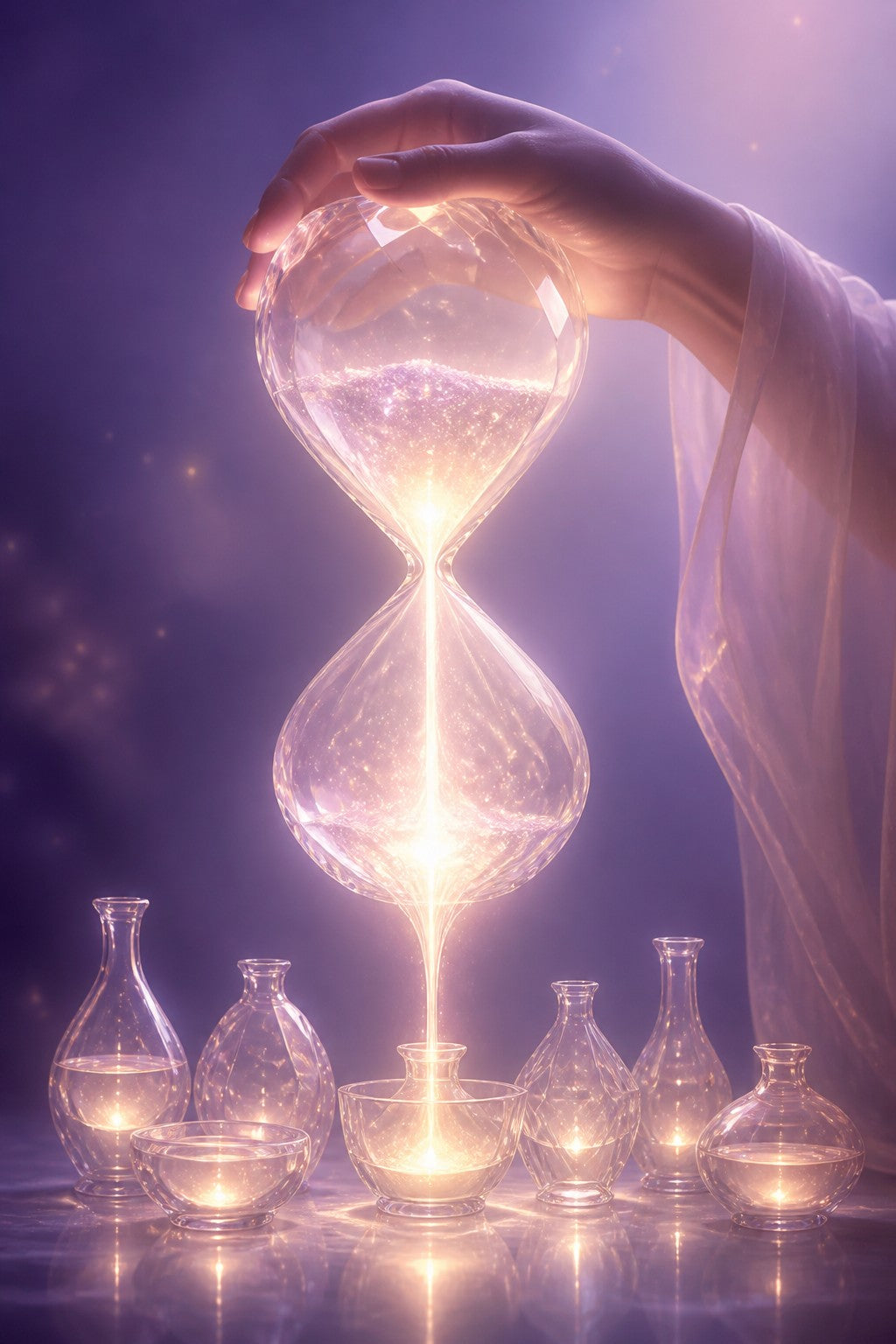 A glowing crystal hourglass of light being poured carefully into small vessels, symbol of spending energy wisely, soft violet background
