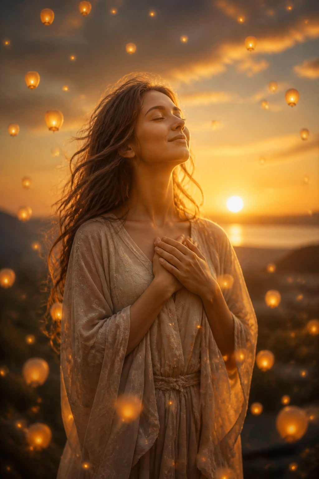 A person with hands over heart, small golden lights of gratitude floating around them like lanterns, warm sunset