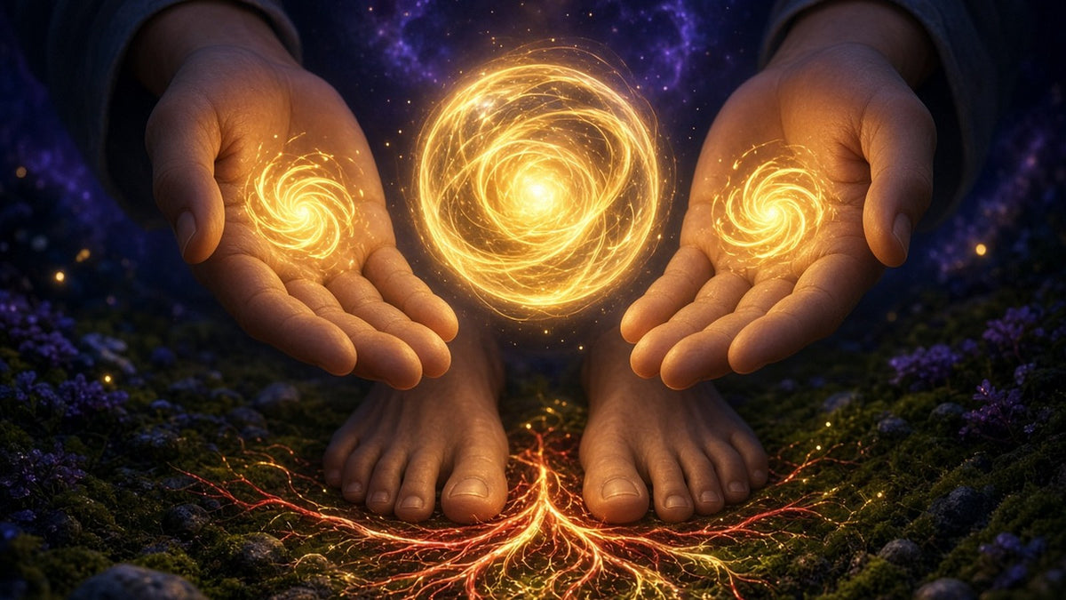 Close-up of two open palms facing each other with a soft glowing sphere of golden energy between them
