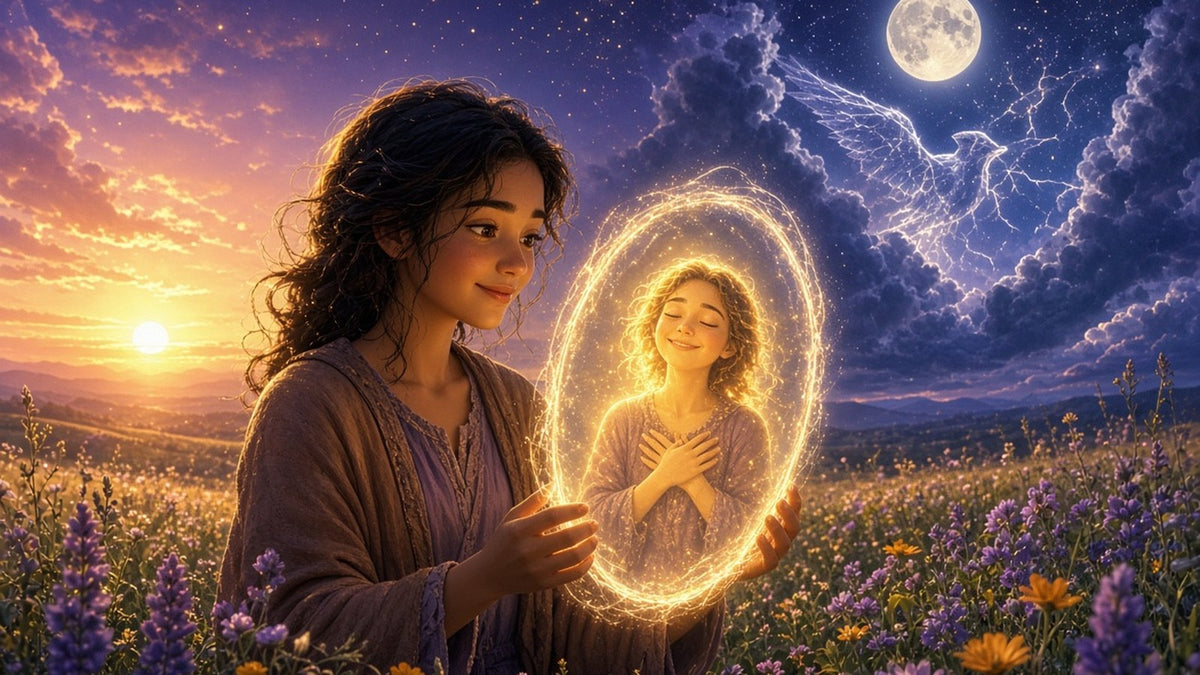 A playful, kind-eyed person standing in a meadow at a surreal twilight where the sun and moon share the sky