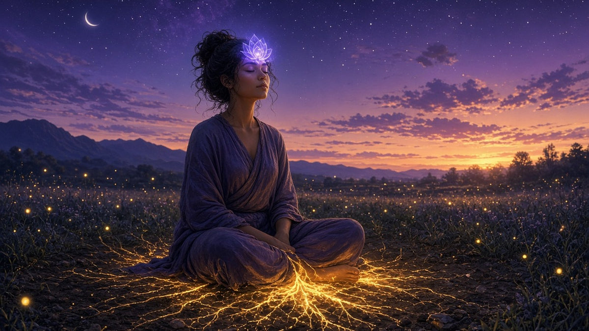 A peaceful person sitting on the earth at dusk, eyes closed