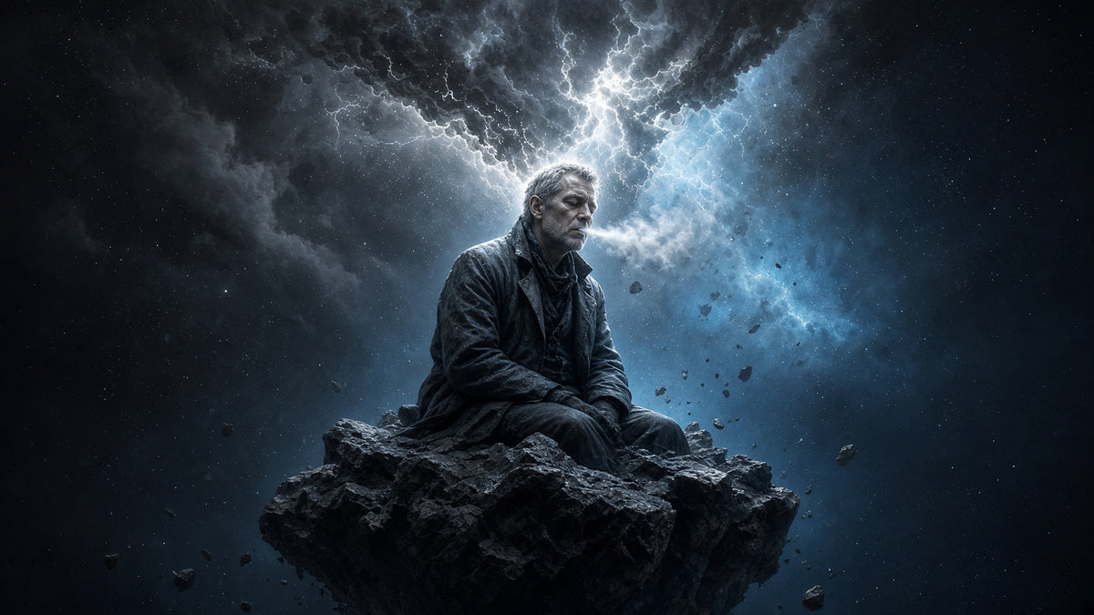 Older man with grey stubble sitting on a floating rock in dark space, exhaling as the storm cloud above him breaks into silver light