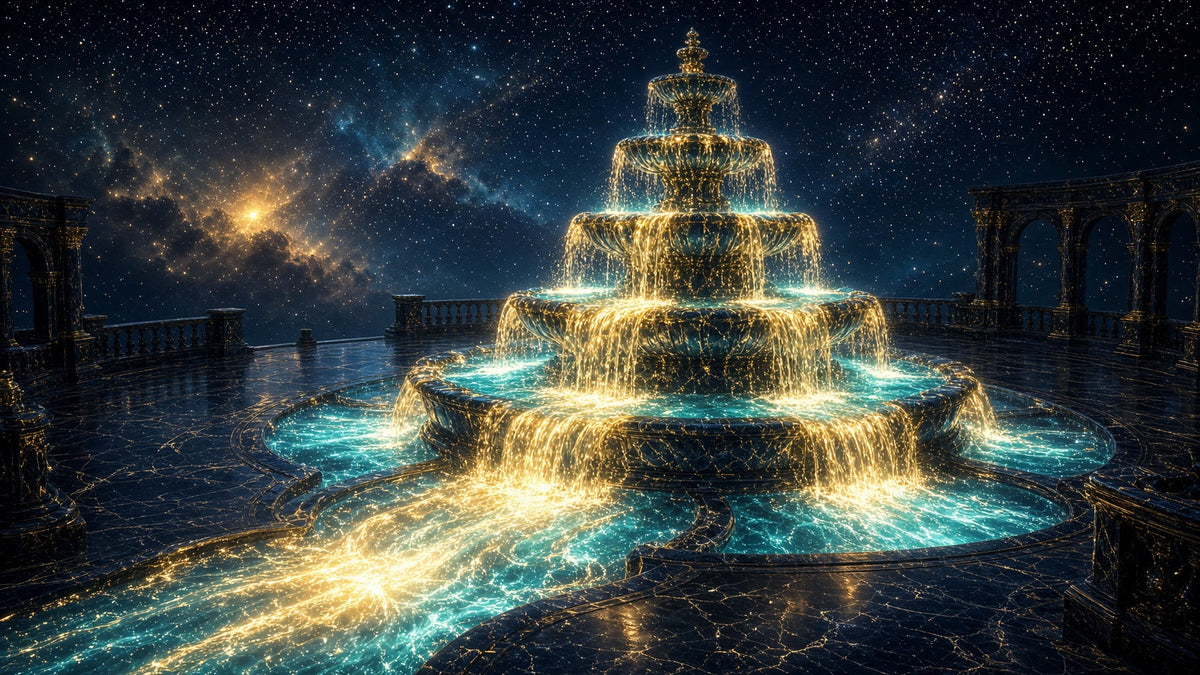 Tiered fountain overflowing with golden liquid light on a dark marble terrace open to the stars, the light growing brighter as it flows outward