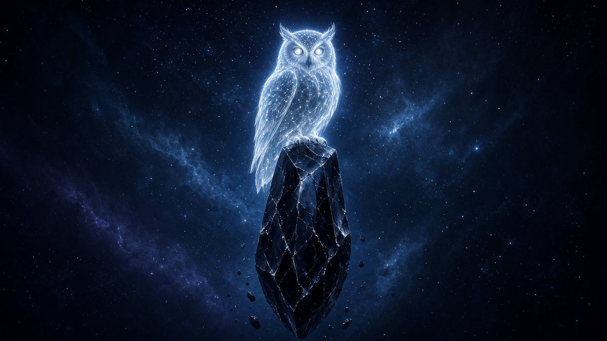Luminous owl made of starlight with soft silver eyes perched on a floating black crystal in deep blue space