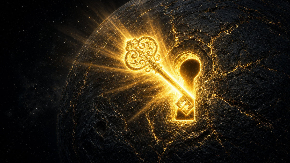 Huge glowing golden key turning in a keyhole cut into the surface of a dark planet, bright rays spilling out into space