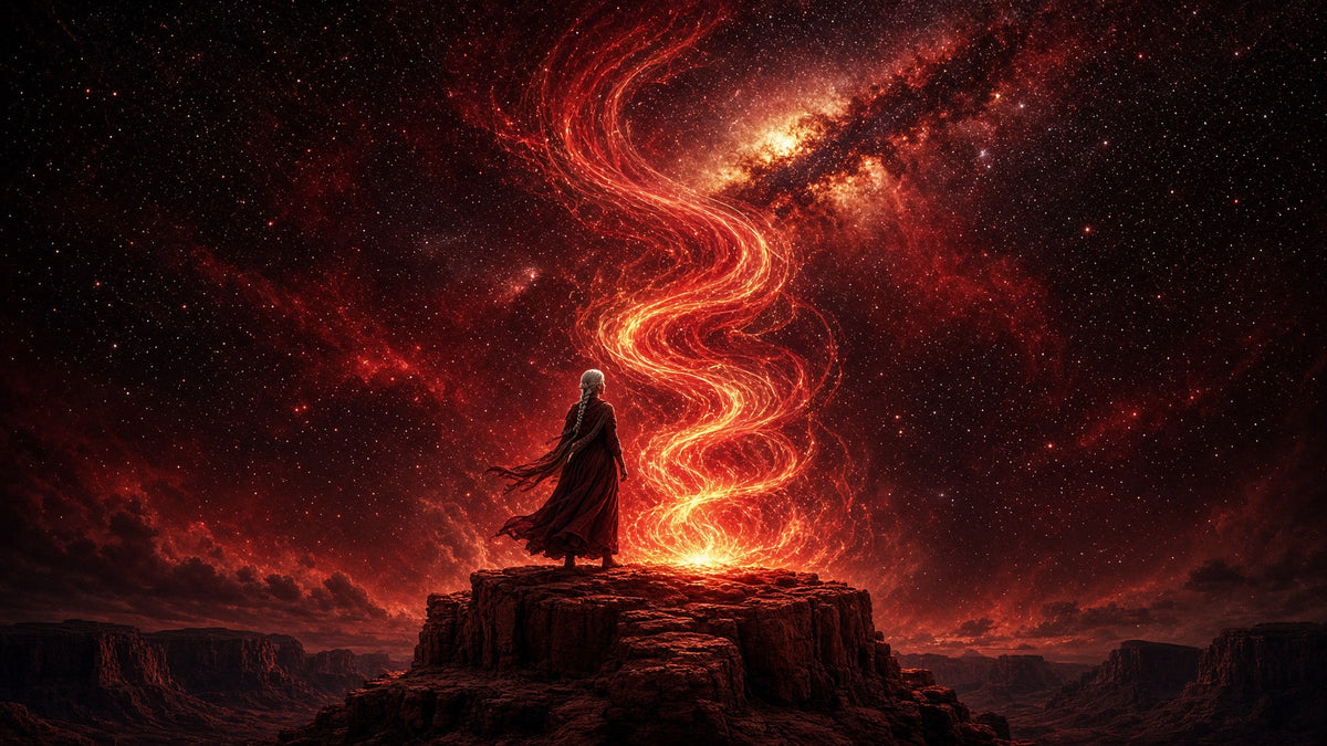 Woman with a long silver braid standing on a red rock mesa at night as a crimson and gold energy vortex spirals up into the Milky Way
